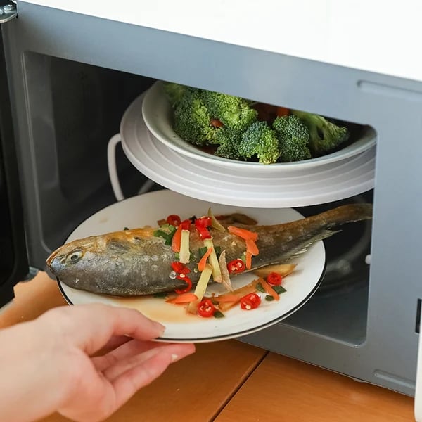 🎁 Deux achetés un offert 🍽️ Plateau Pliable 2-en-1 pour Micro-ondes – Réchauffe Deux Plats Ensemble | Poignées Cool-Touch | Silicone Alimentaire Sans BPA✨