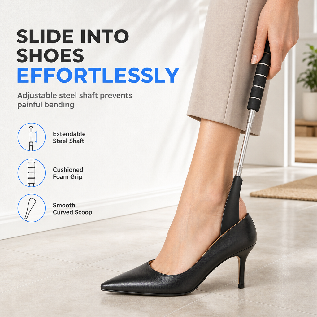 👟 50% DE RÉDUCTION! 🦯 Chausse-pied télescopique – Inox, long manche & pratique ✨