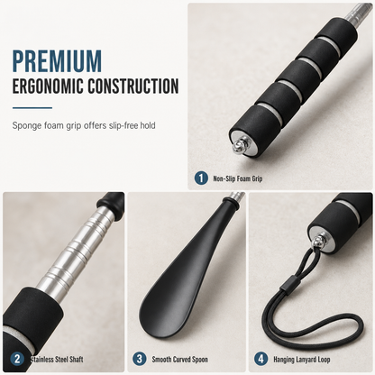 👟 50% DE RÉDUCTION! 🦯 Chausse-pied télescopique – Inox, long manche & pratique ✨