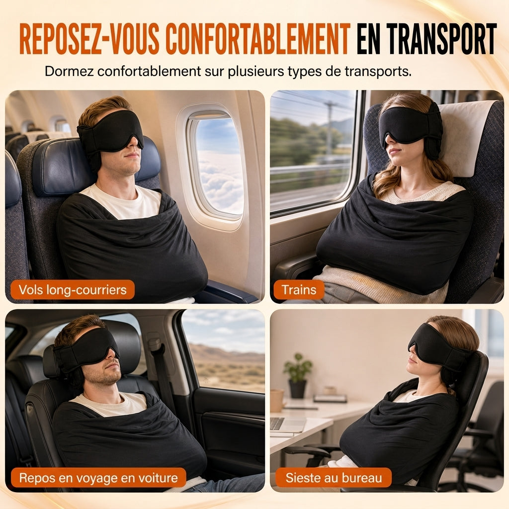 ✈️💤 Kit de Sommeil Suspendu pour Avion & Voyage – Maintien Cervical Anti-Affaissement, Masque 3D 100% Occultant & Repose-Bras Confort ✨