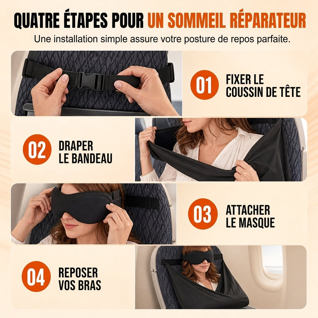 ✈️💤 Kit de Sommeil Suspendu pour Avion & Voyage – Maintien Cervical Anti-Affaissement, Masque 3D 100% Occultant & Repose-Bras Confort ✨