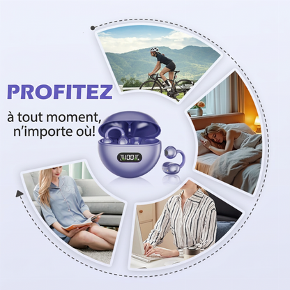 👂 Écouteurs Bluetooth à clip auriculaire ouvert – confort toute la journée, son immersif, limitation des fuites sonores, batterie de 8 à 10 heures, commande tactile. Sans douleur auditive ! 🔋