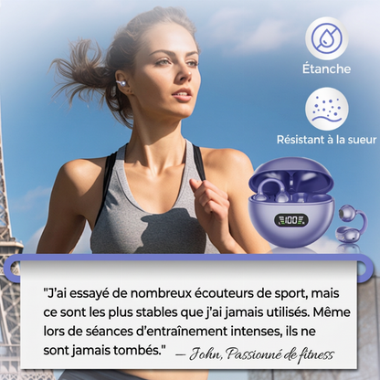👂 Écouteurs Bluetooth à clip auriculaire ouvert – confort toute la journée, son immersif, limitation des fuites sonores, batterie de 8 à 10 heures, commande tactile. Sans douleur auditive ! 🔋