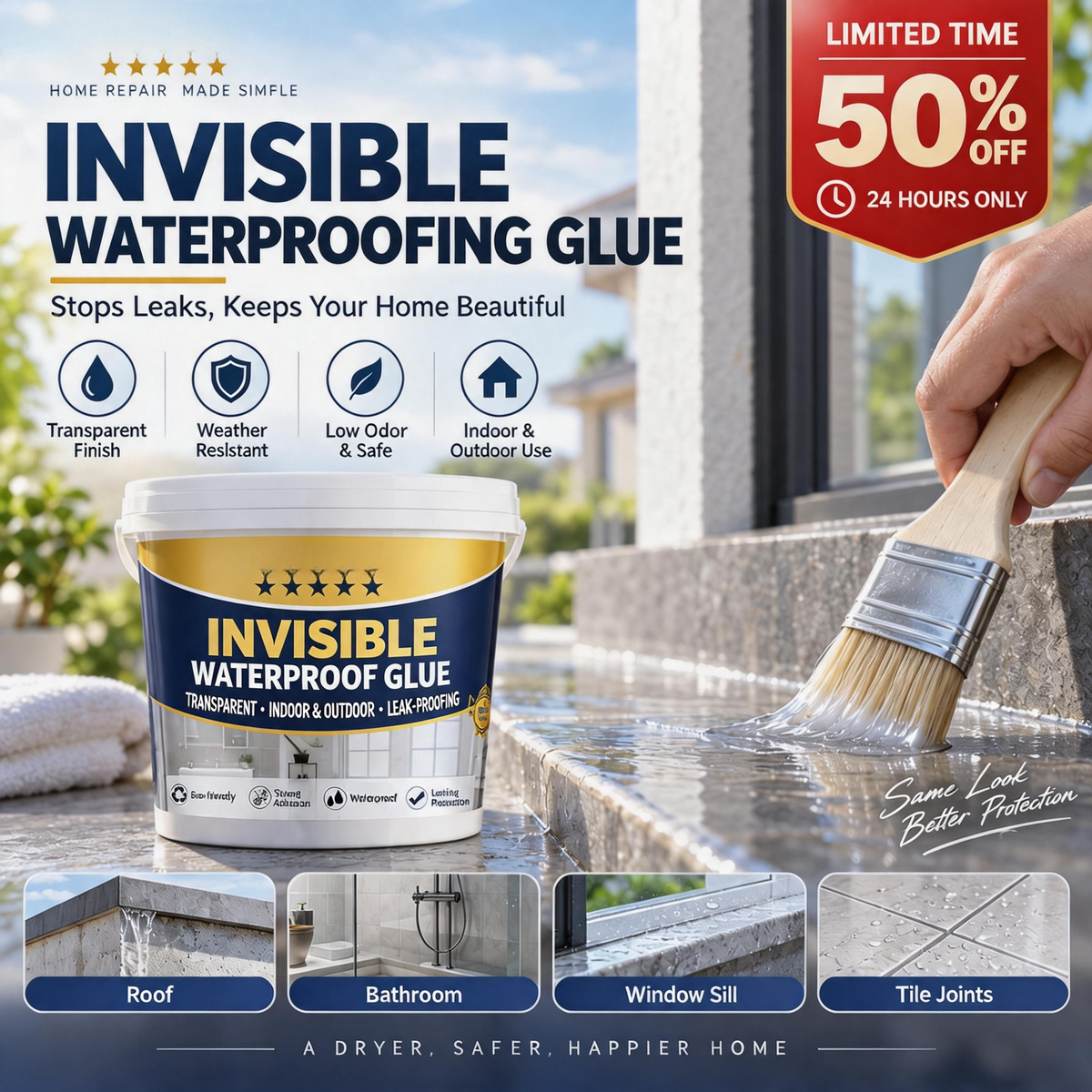 Mastic adhésif transparent et imperméable pour réparer les fuites dans la salle de bains, la cuisine, le toit et les rebords de fenêtre, à appliquer au pinceau