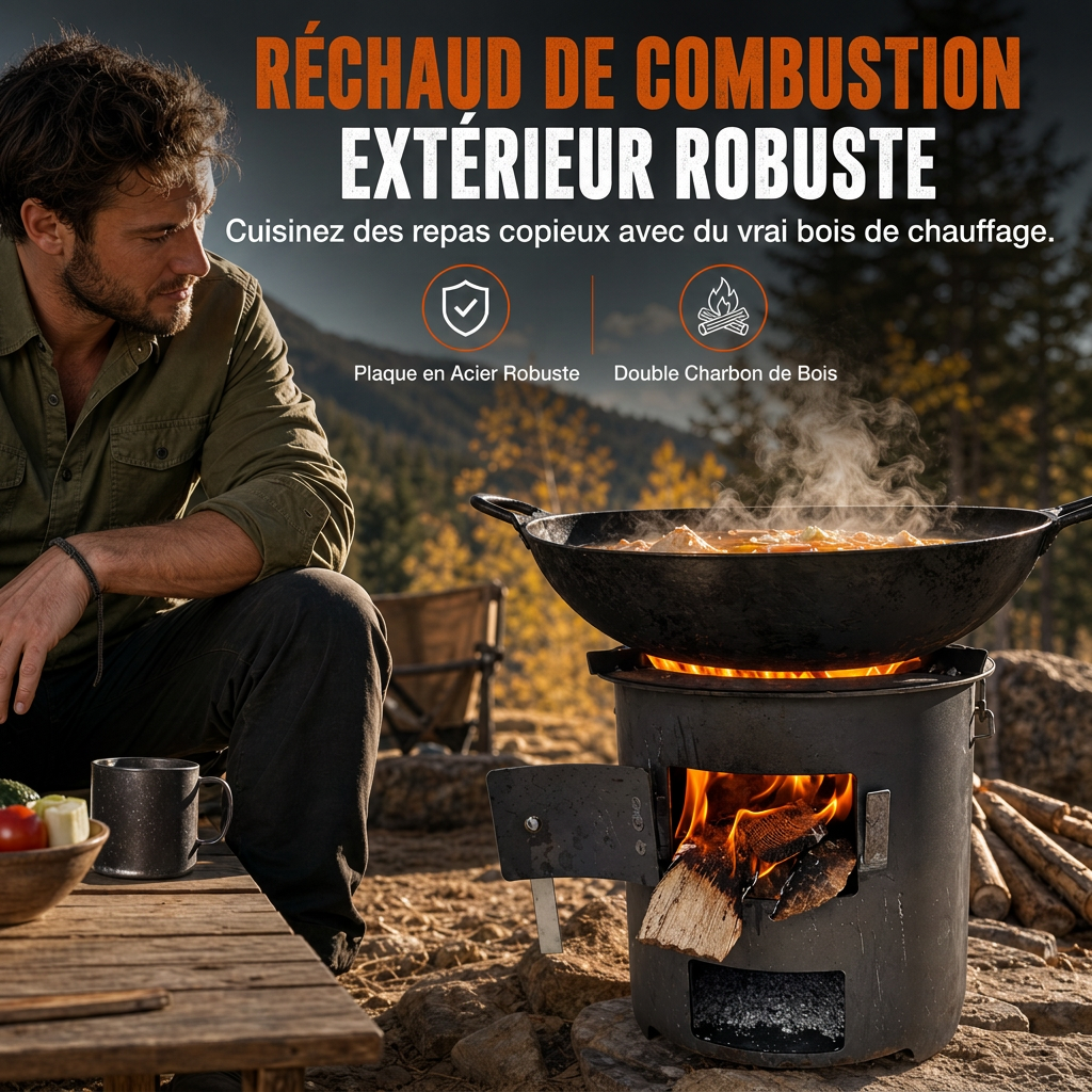 🎁 Nouveautés 2026 : -50%💥 Réchaud de camping en acier carbone robuste – Bois & charbon, circulation d'air améliorée, table de cuisson 3-en-1 🍳