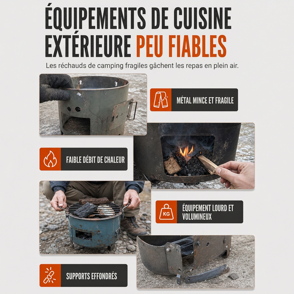 🎁 Nouveautés 2026 : -50%💥 Réchaud de camping en acier carbone robuste – Bois & charbon, circulation d'air améliorée, table de cuisson 3-en-1 🍳