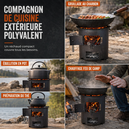 🎁 Nouveautés 2026 : -50%💥 Réchaud de camping en acier carbone robuste – Bois & charbon, circulation d'air améliorée, table de cuisson 3-en-1 🍳