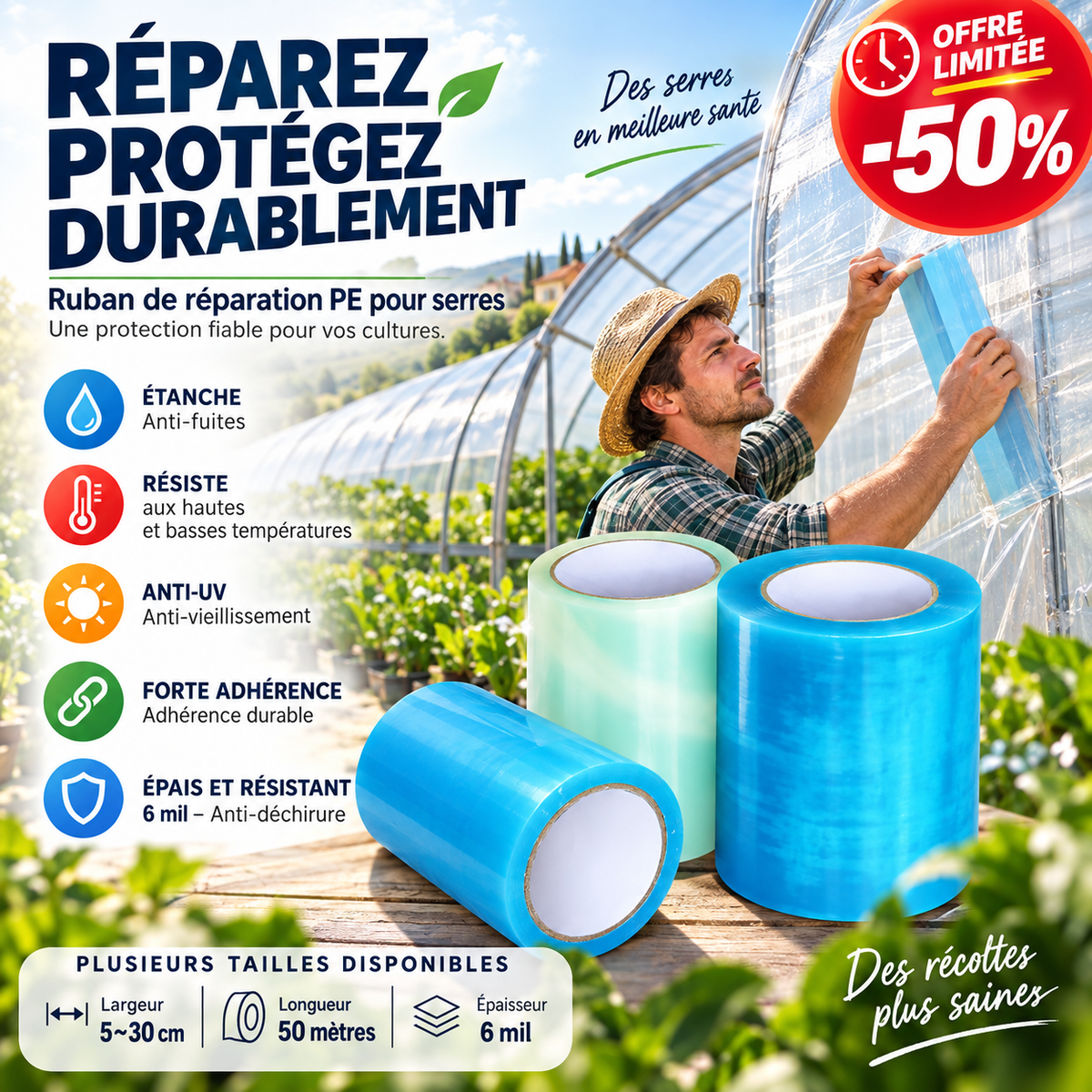 50% de Réduction – Ruban de Réparation de Serre Étanche PE Renforcé 50 m