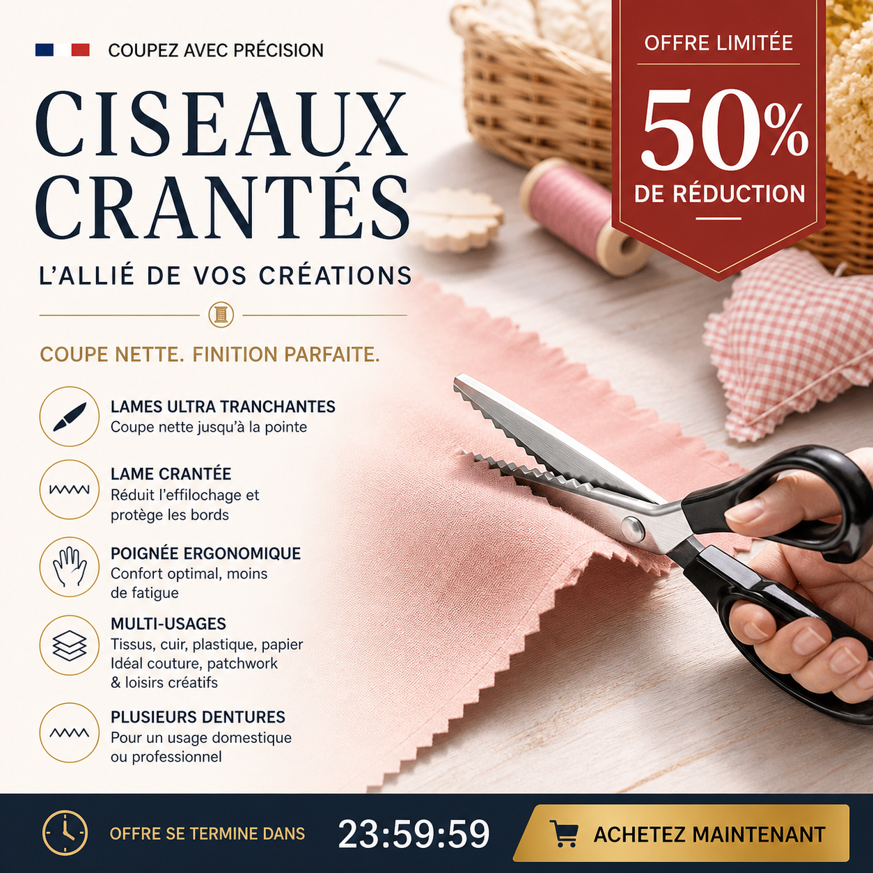 ✂️🛒 -50% ! 🧵Ciseaux Zig-Zag en Acier Inoxydable – Poignée Ergonomique, Anti-Effilochage & Coupe Tissu, Papier & Cuir.